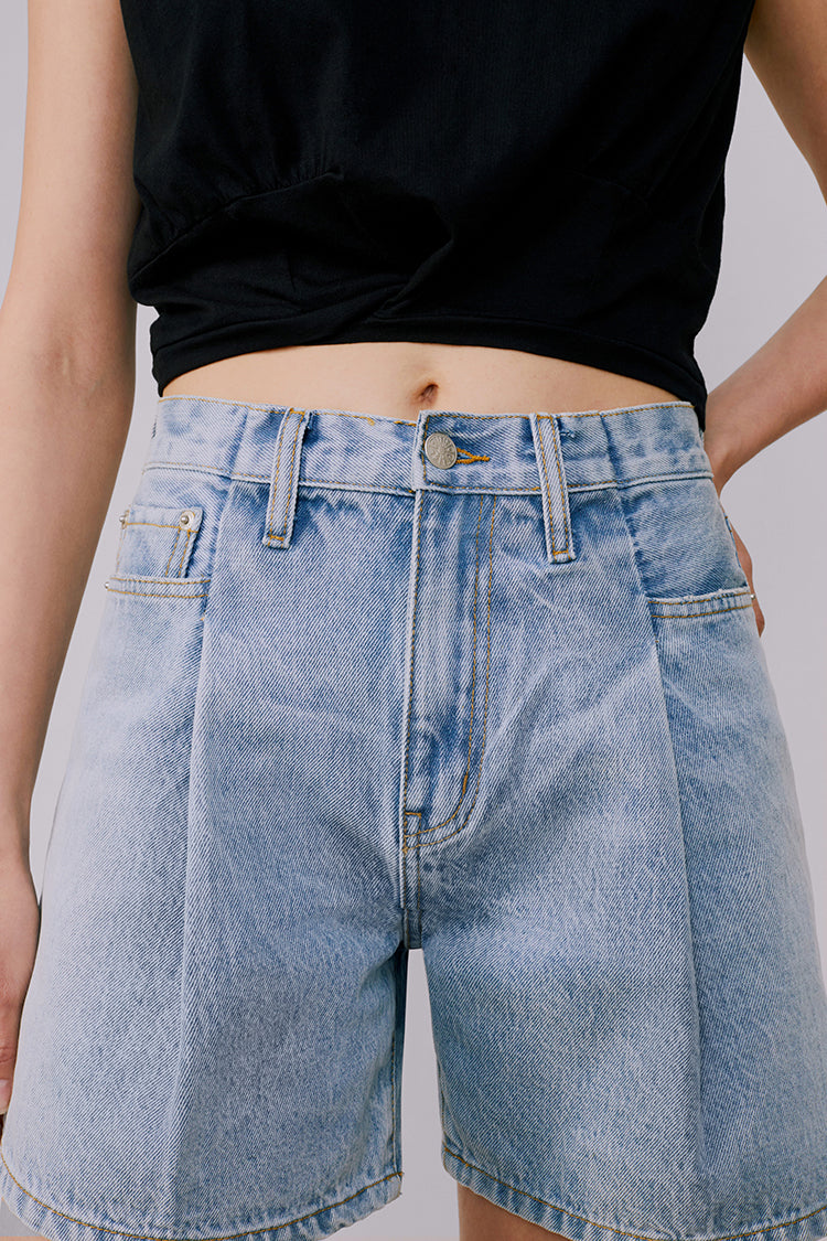 Light Blue Pleated Short Jeans for All