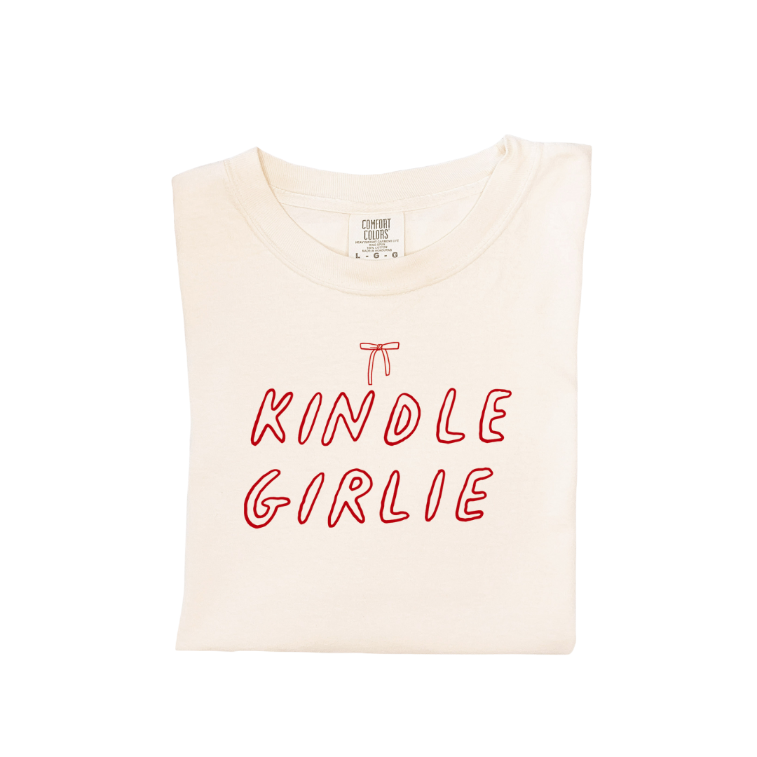 Close up of Kindle Girly Tee featuring graphic text design for book lovers