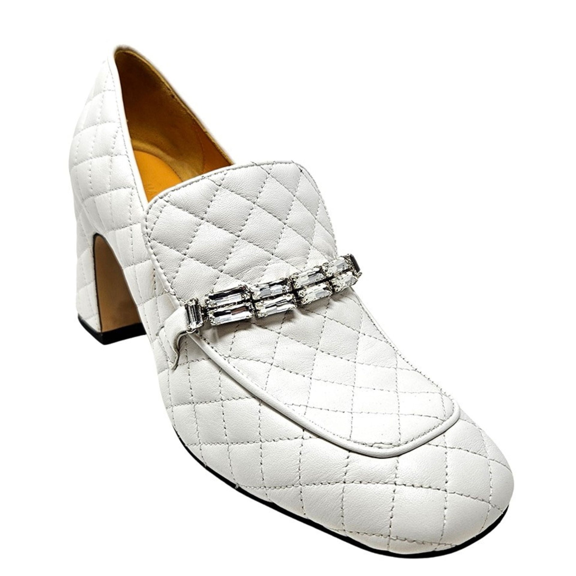 White Quilted Leather Loafer Heels with Jeweled Detail - Image 2