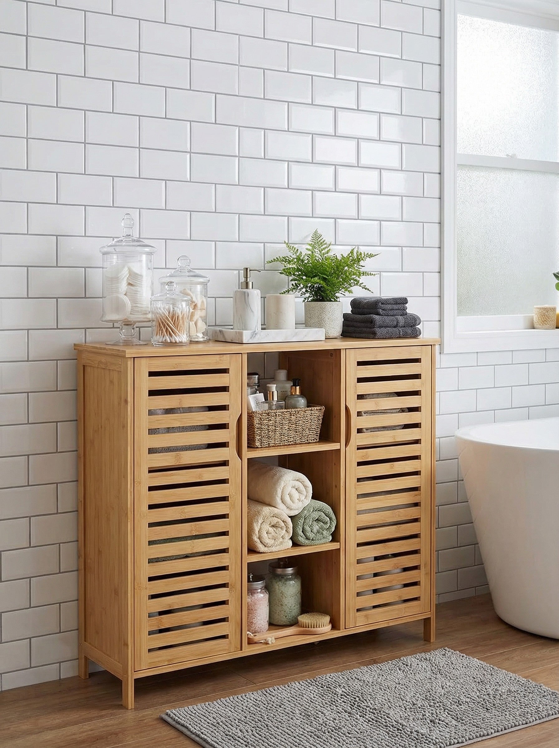 4-tier bamboo floor cabinet with slatted doors in a natural light-wood finish.