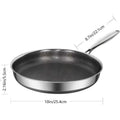 A stainless steel frying pan with a textured non-stick interior, shown with dimension lines and labels indicating a height of 2.16 inches (5.