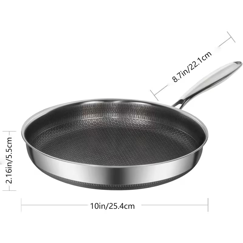 A stainless steel frying pan with a textured non-stick interior, shown with dimension lines and labels indicating a height of 2.16 inches (5.