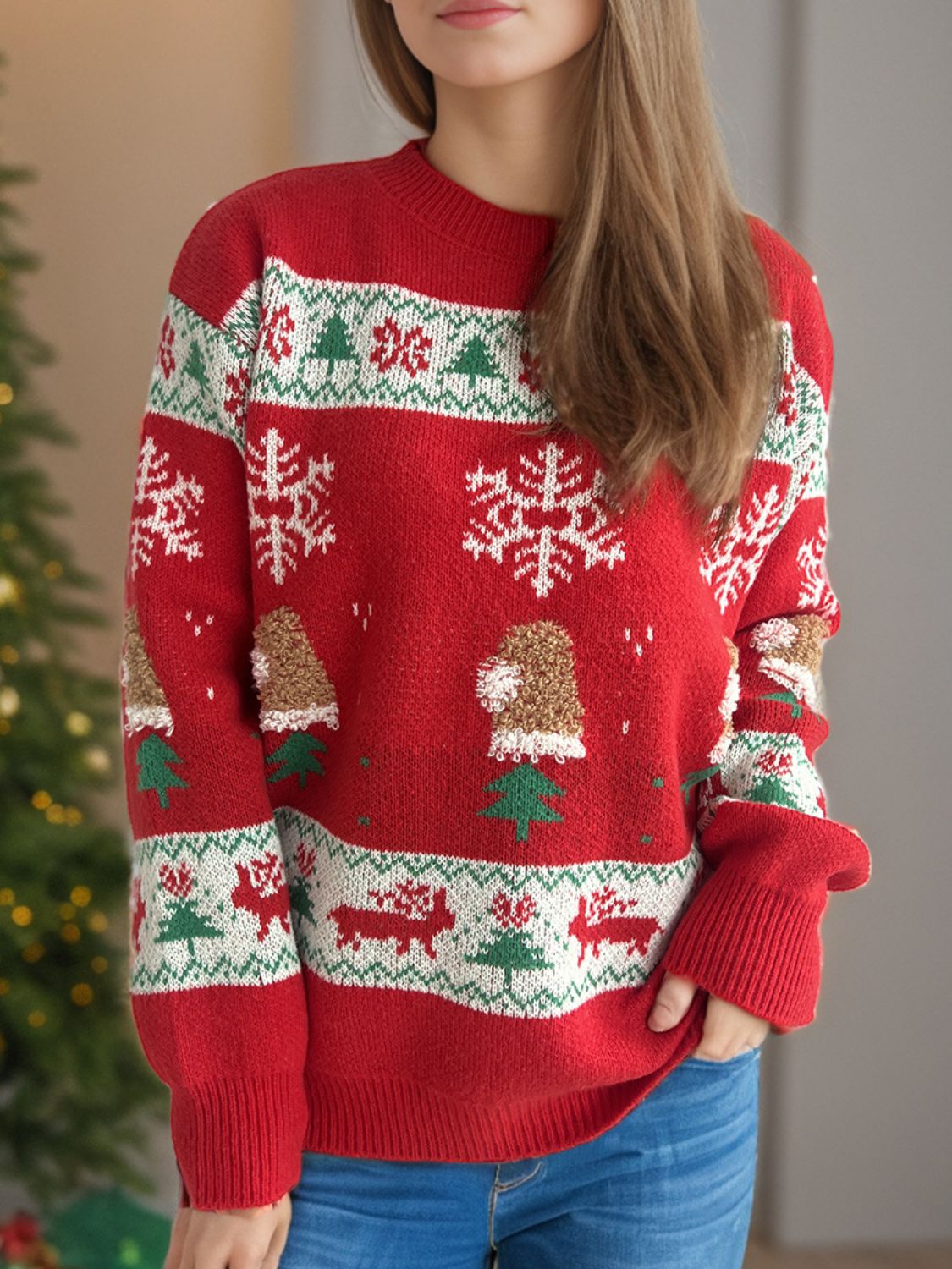 Women's Red Christmas Sweater with Festive Pattern Round Neck - Image 5