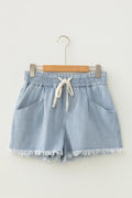 Stripe Raw Edge Drawstring Waist Denim Shorts