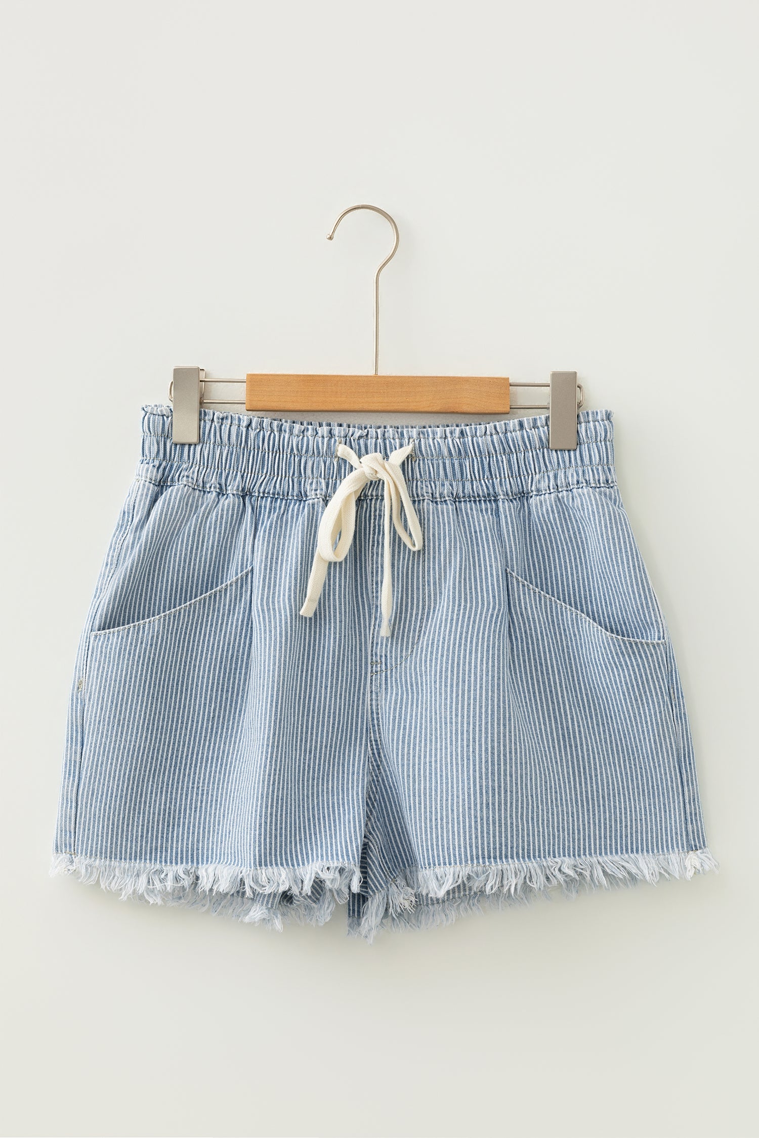Stripe Raw Edge Drawstring Waist Denim Shorts