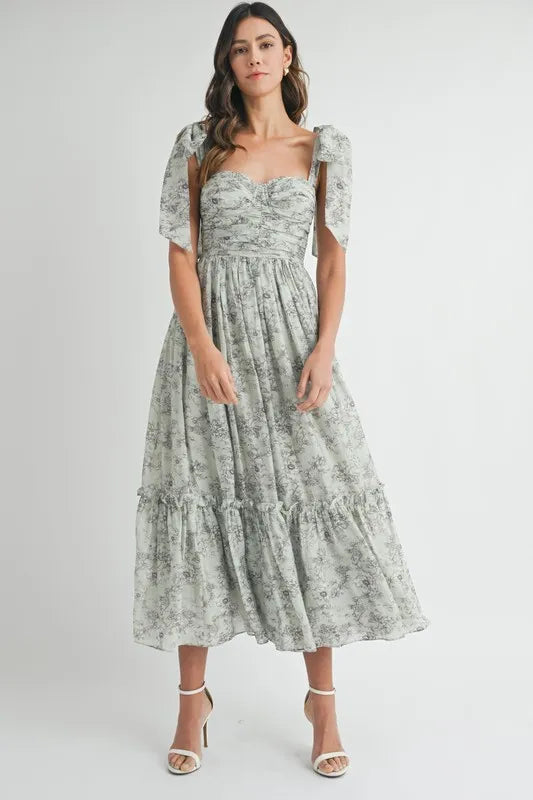 Floral Bust Ruched Midi Dress with Shoulder Tie