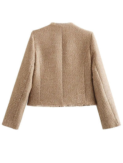 Camel Raw Hem Round Neck Jacket Lightweight Edgy Casual Outerwear