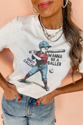 White casual crewneck t-shirt with SHOT CALLER WANNA BE A BALLER graphic text print.