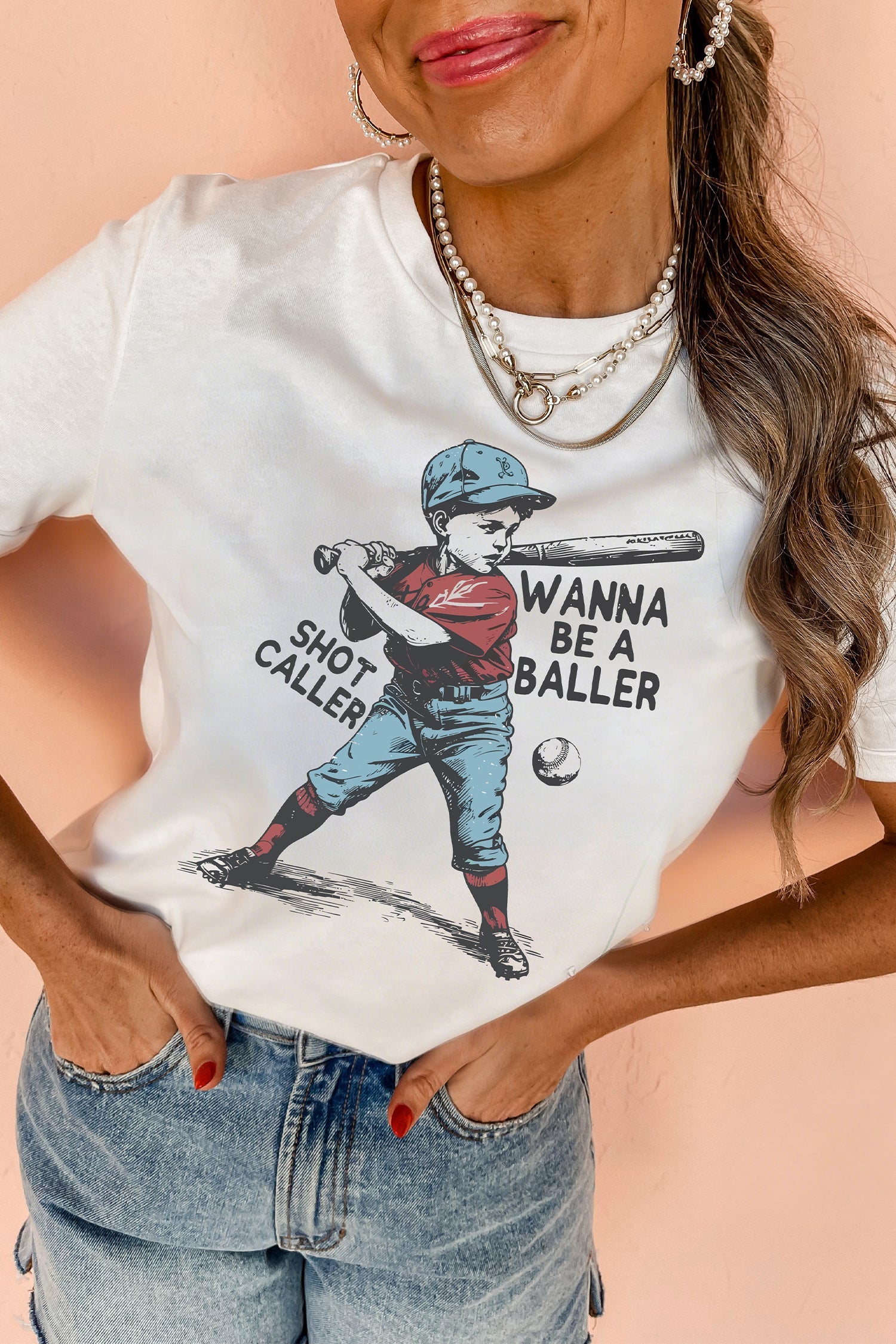 White casual crewneck t-shirt with SHOT CALLER WANNA BE A BALLER graphic text print.