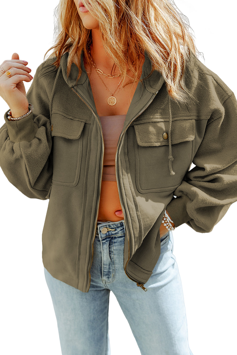 Green Bishop Sleeve Zip Up Hoodie Jacket with Flap Pockets