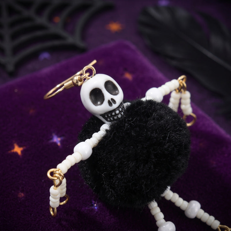 Women Halloween Skeleton Pom Pom Beaded Dangle Earrings, Gold Plated Gothic Long Drop Earrings For Costume Party Cosplay Holiday Gift