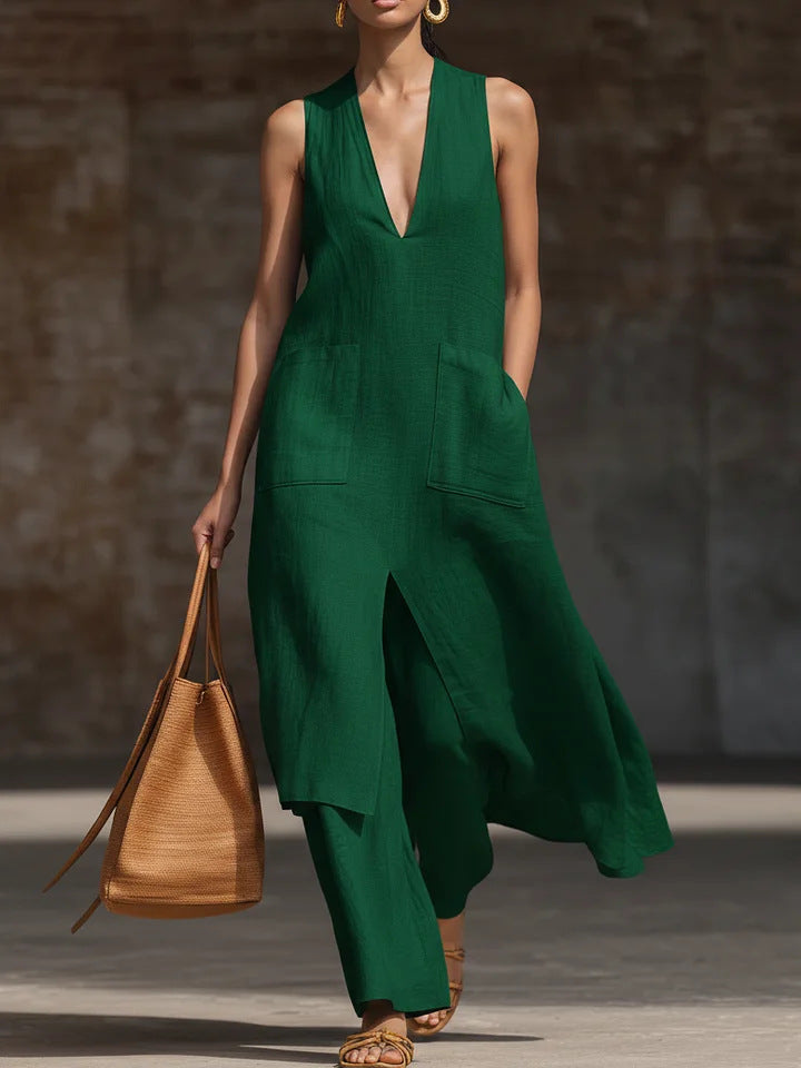 Women's V-Neck Sleeveless Linen Tunic and Wide Leg Pant Set - Image 7