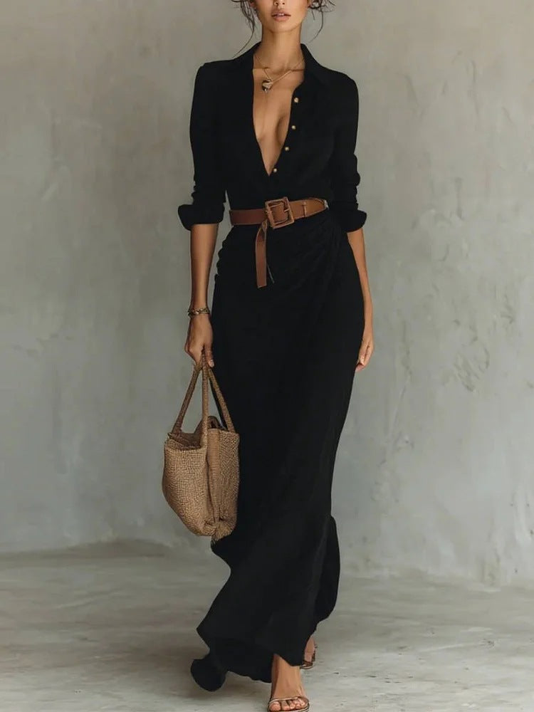 Women’s Elegant Beige Irregular Pleated Shirt Dress