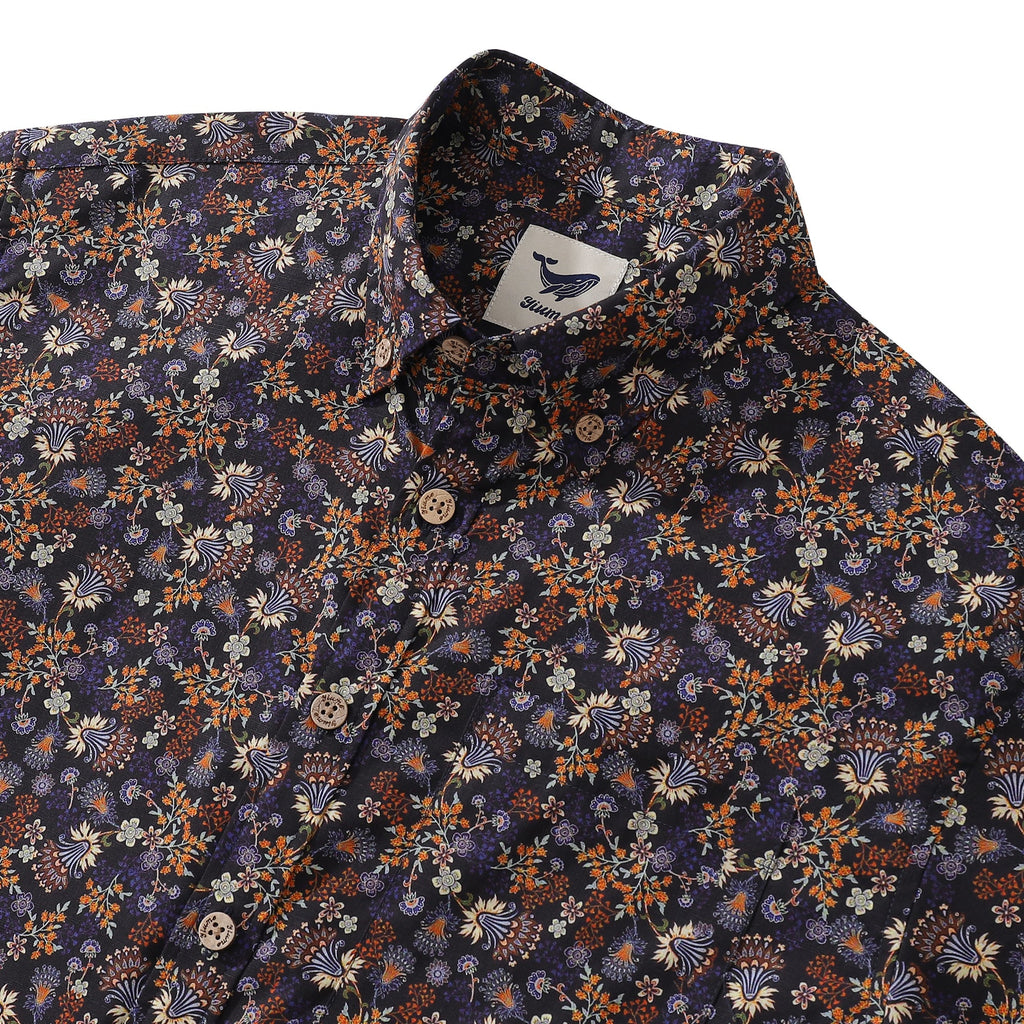 Floral Print Men's Short Sleeve Cotton Shirt, Night Garden Design