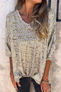 Gray Leopard Print 3/4 Sleeve V Neck Loose Fit Tee