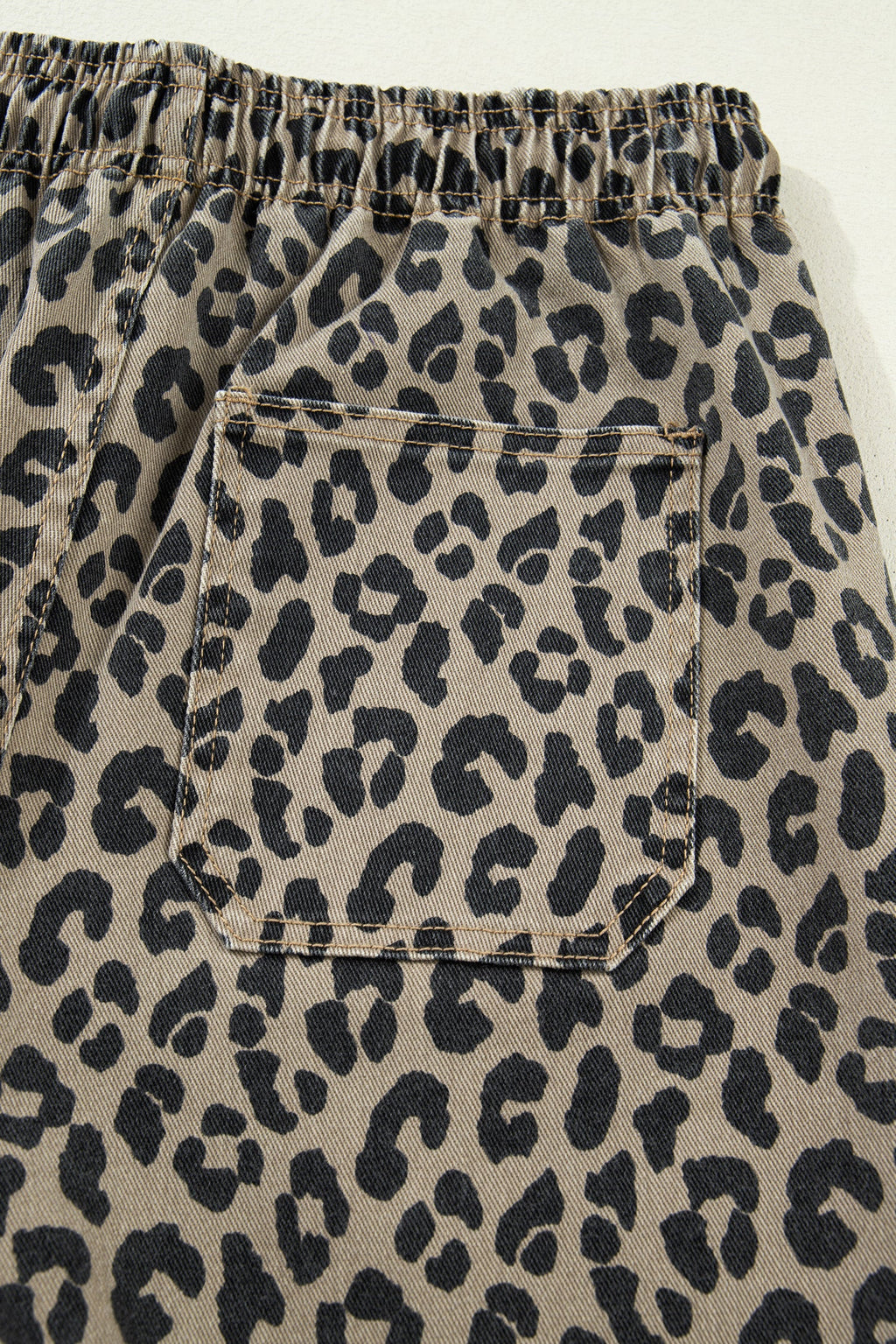 Khaki Leopard Print Drawstring Denim Pants with Pockets