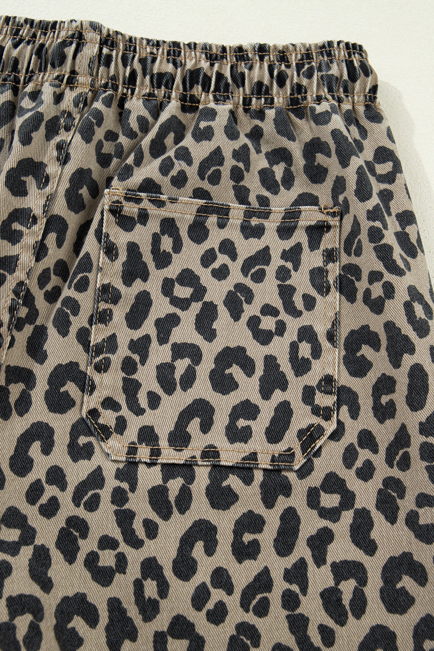 Khaki Leopard Print Drawstring Denim Pants with Pockets