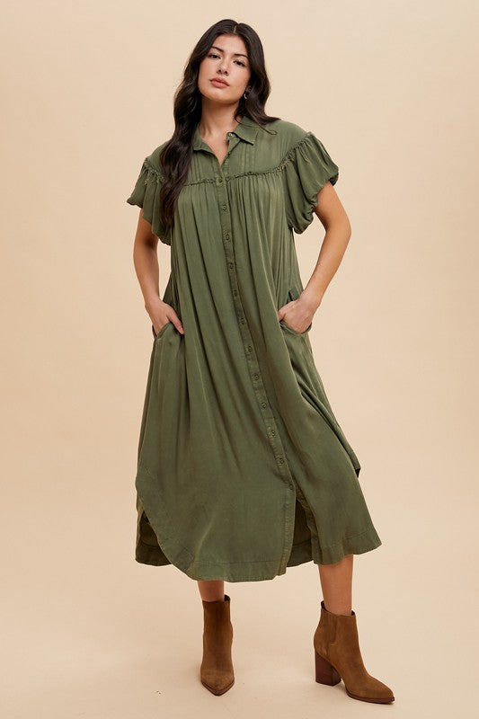 Olive Green Mineral Washed Puff Sleeve Shirt Dress
