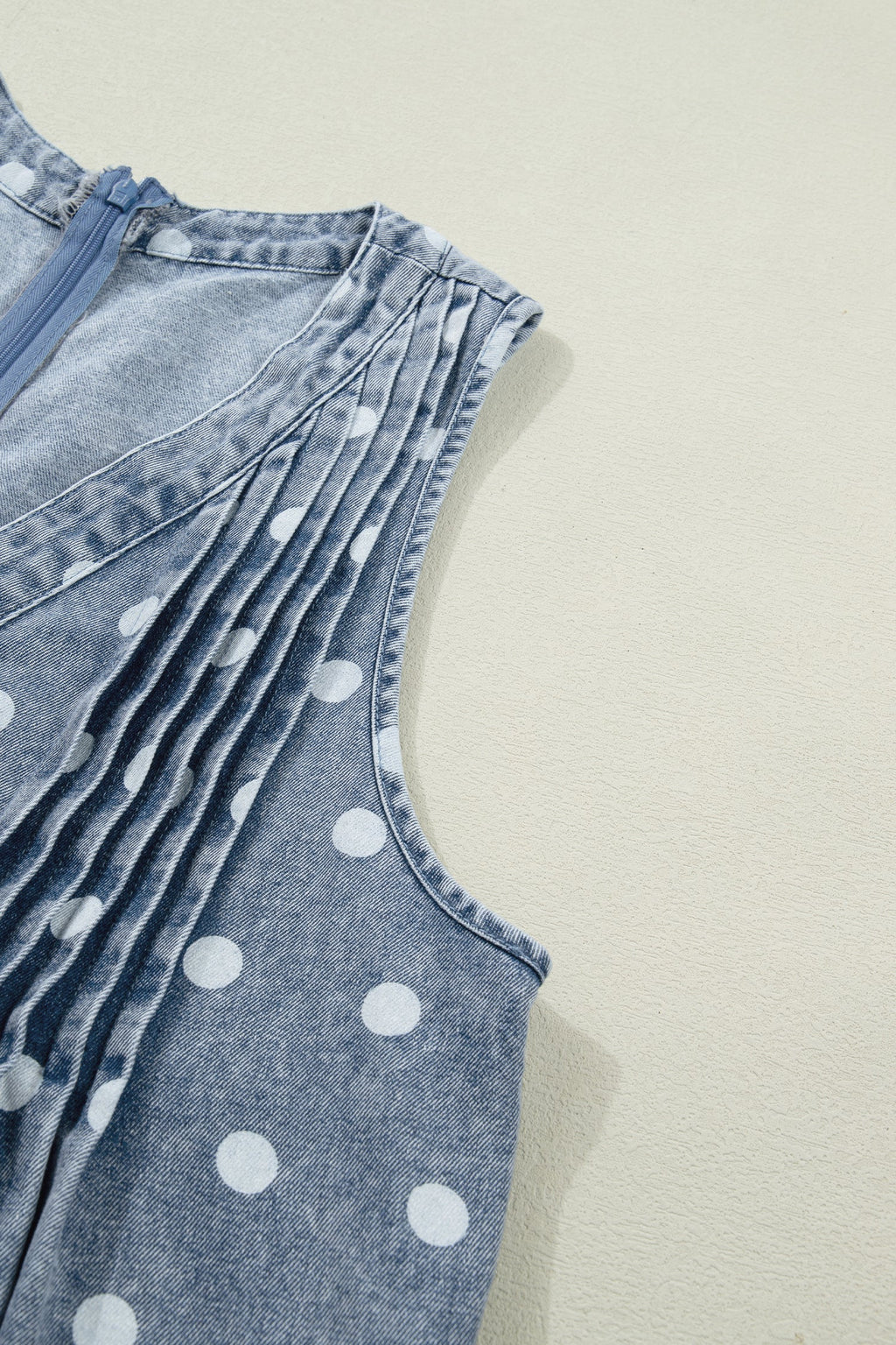 Lexi Tie Pleated Loose Romper in Blue Polka Dot Denim