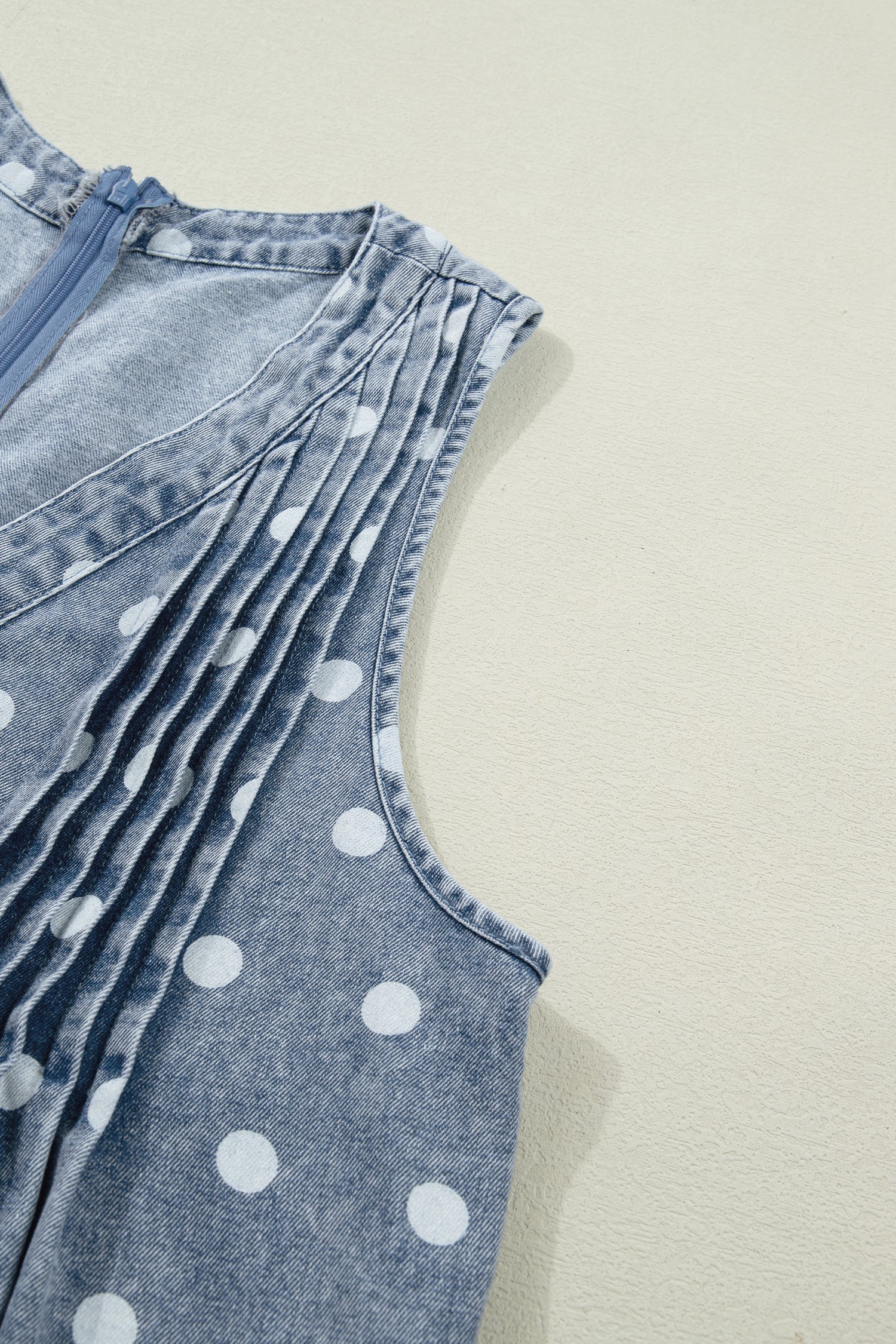 Lexi Tie Pleated Loose Romper in Blue Polka Dot Denim