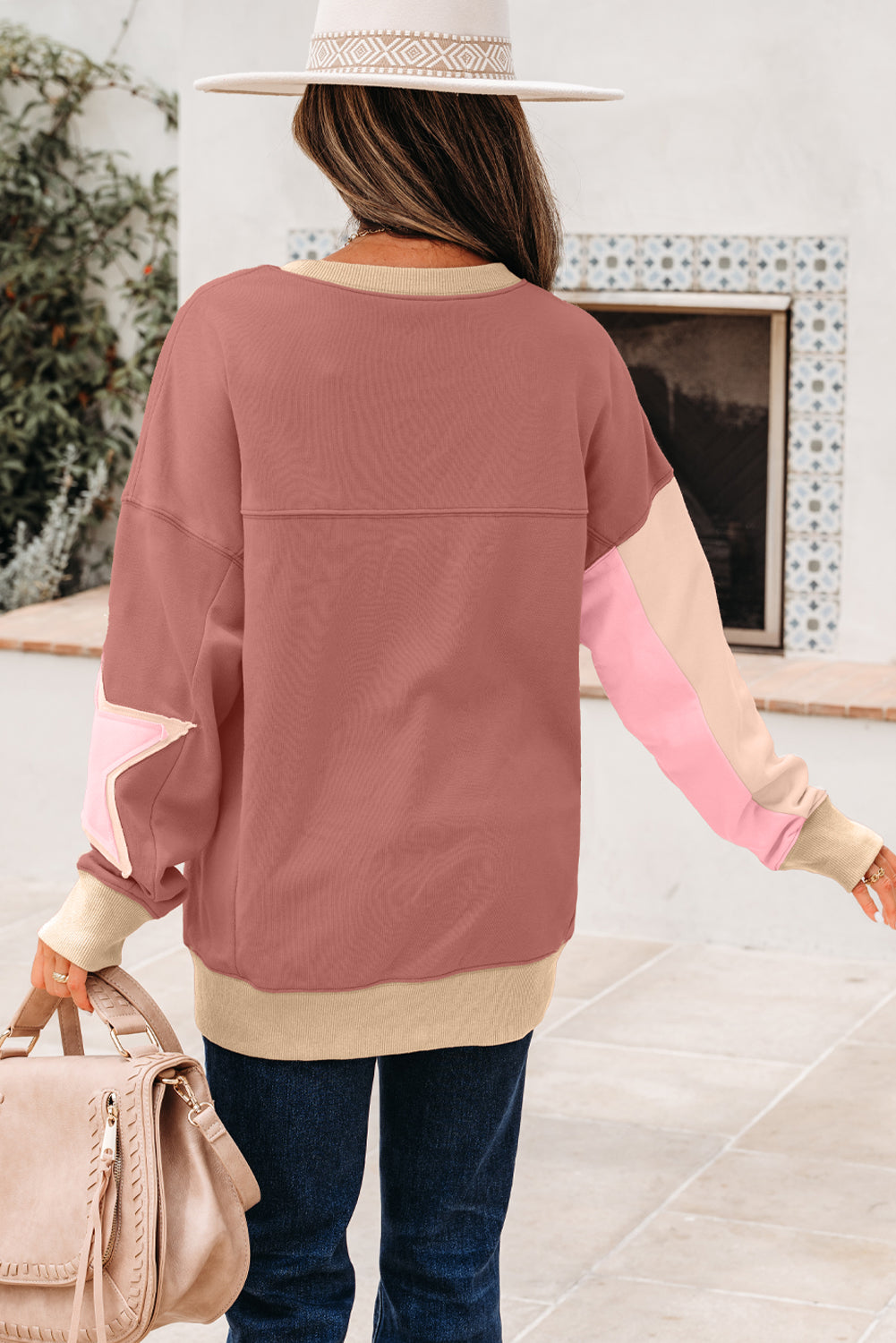 Star Patchwork Reverse Seam Drop Shoulder Sweatshirt