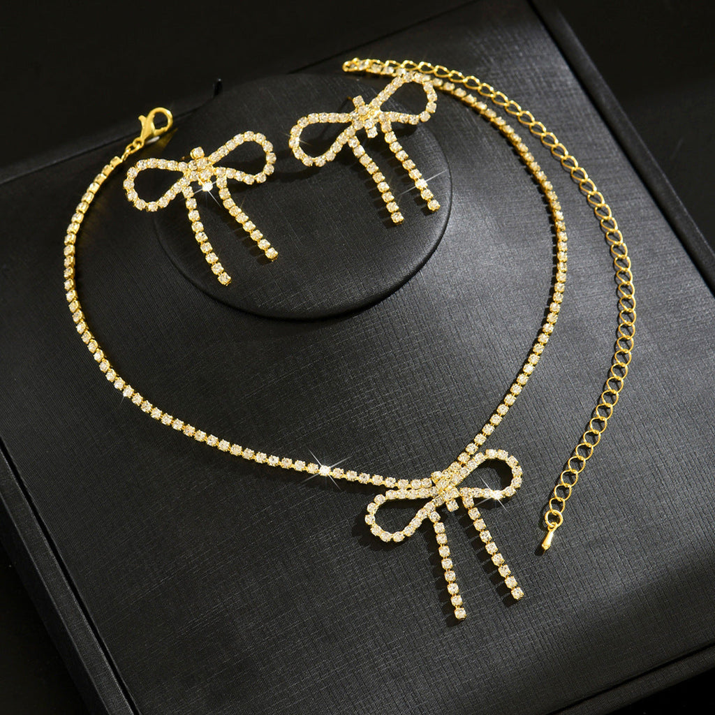 Versatile Bridal Jewelry Claw Chain Full Diamond Bowknot Necklace Earrings Accessories Women's Trendy Banquet Cross-Border Supply