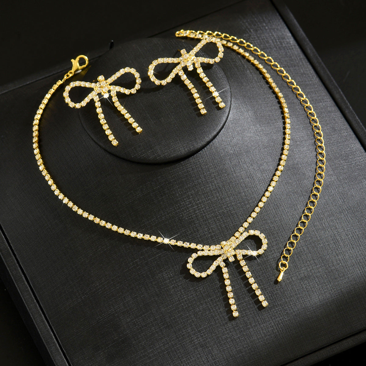 Versatile Bridal Jewelry Claw Chain Full Diamond Bowknot Necklace Earrings Accessories Women's Trendy Banquet Cross-Border Supply