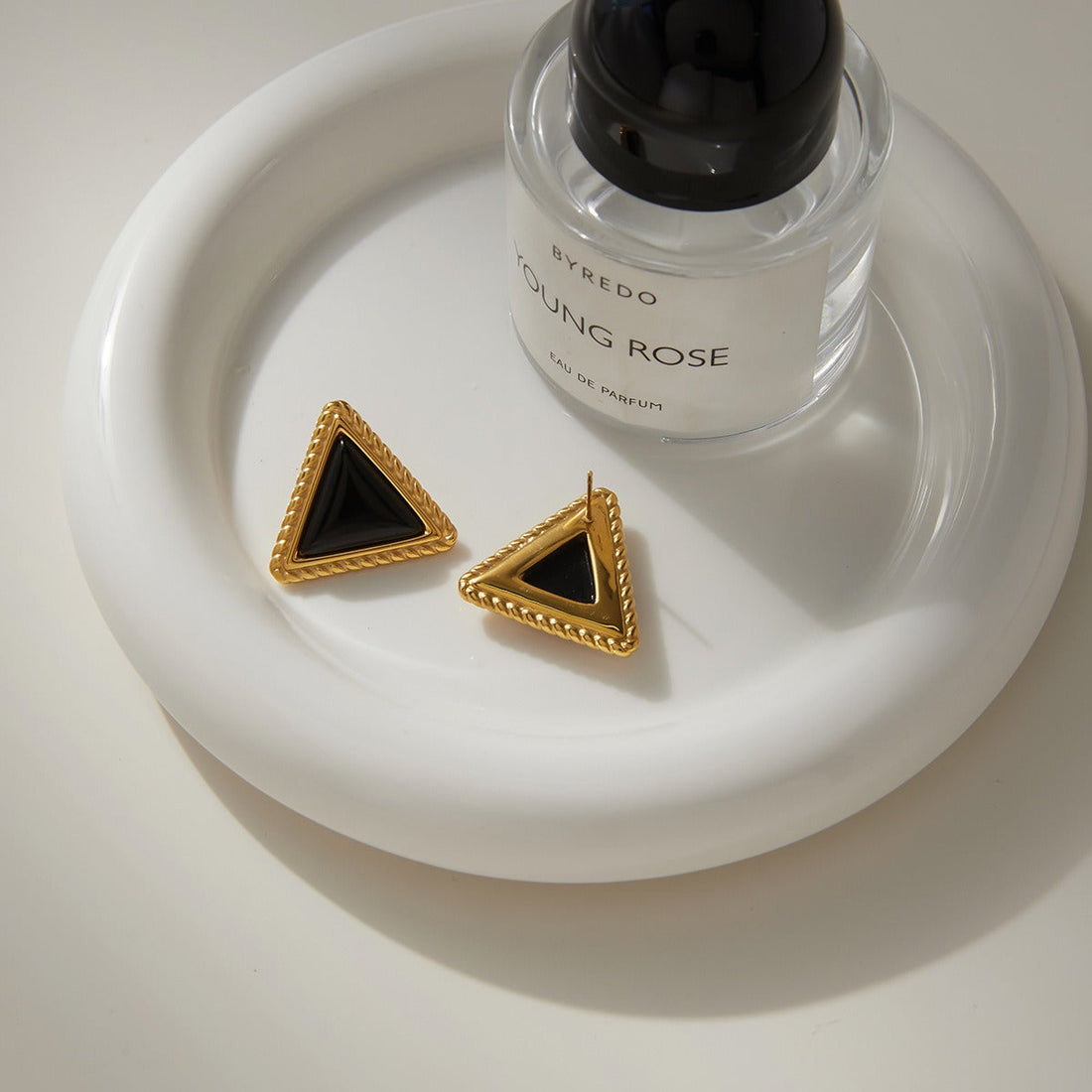 18K Gold Triangle Black Onyx Stud Earrings Geometric Design