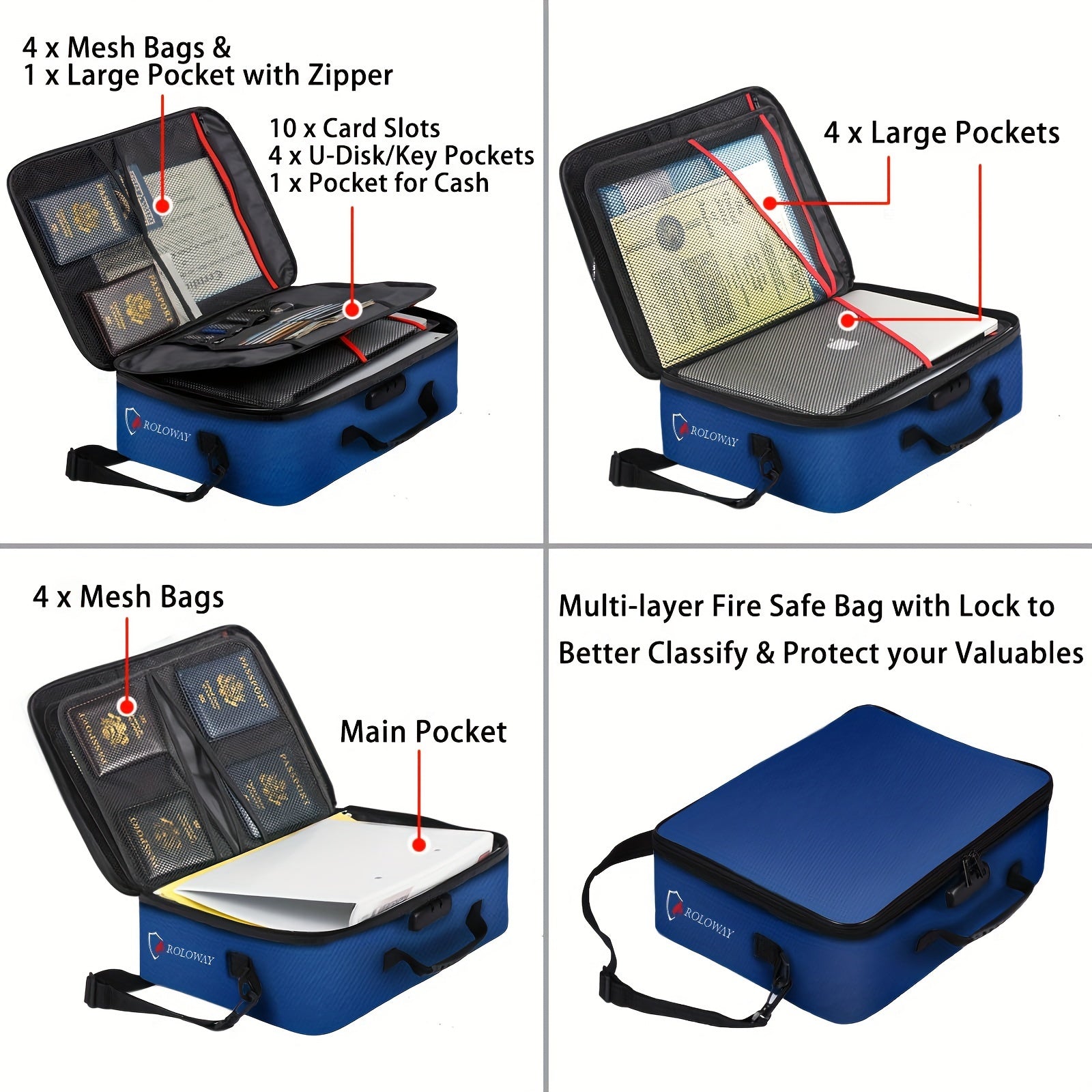 Fireproof Document Bag with Lock  Reflective Strip