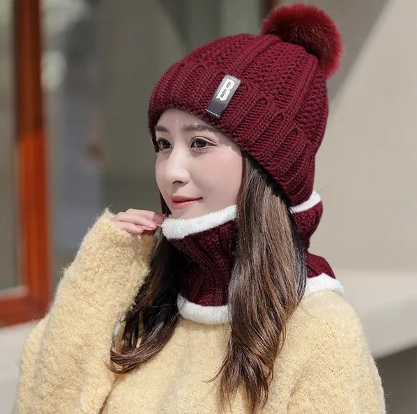 Women's Burgundy Winter Beanie Hat and Scarf Set Fleece Lined - Image 3