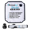 White 10lb refillable ice pack with black rim, showing 15x14 inch dimensions and rolling storage capability.