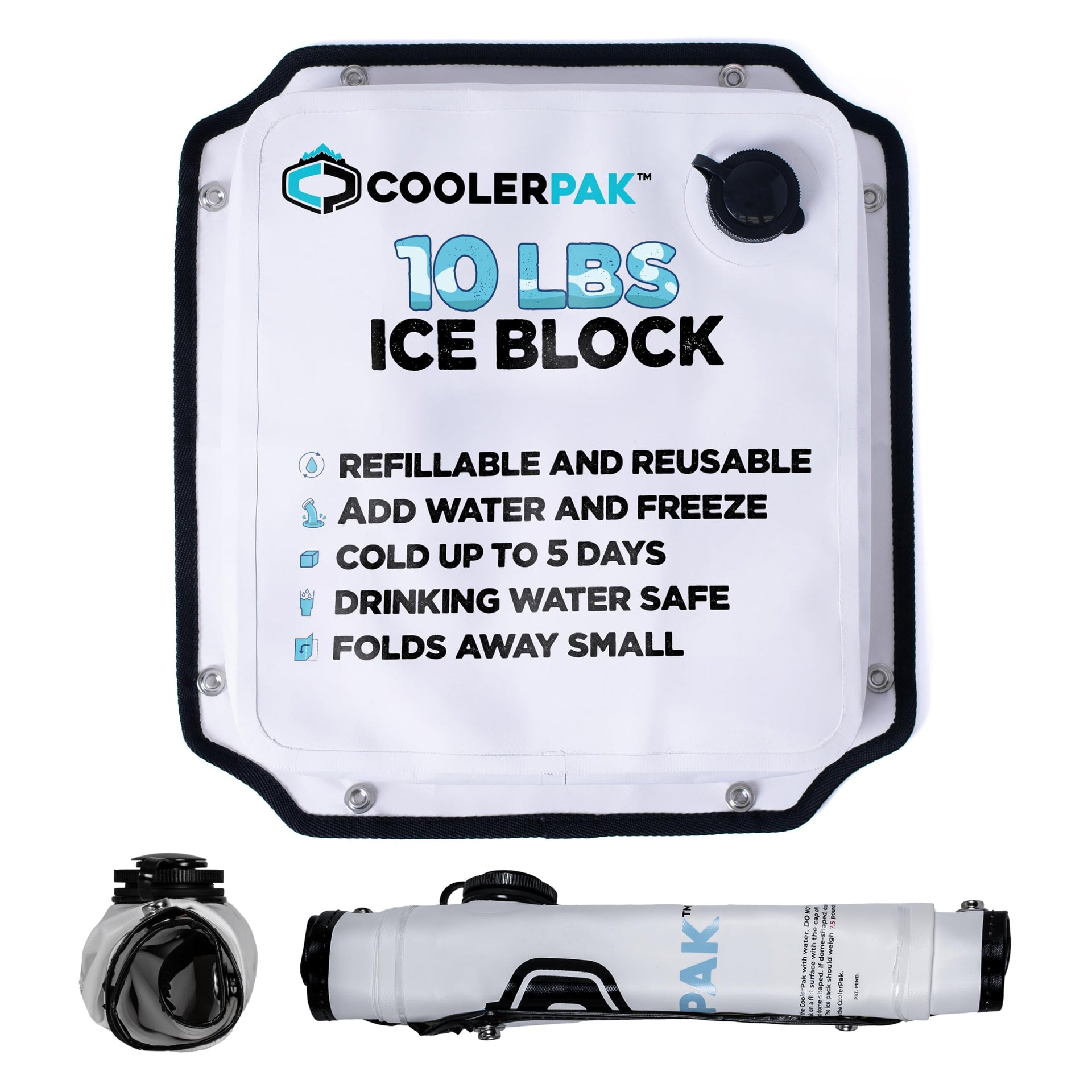 White 10lb refillable ice pack with black rim, showing 15x14 inch dimensions and rolling storage capability.