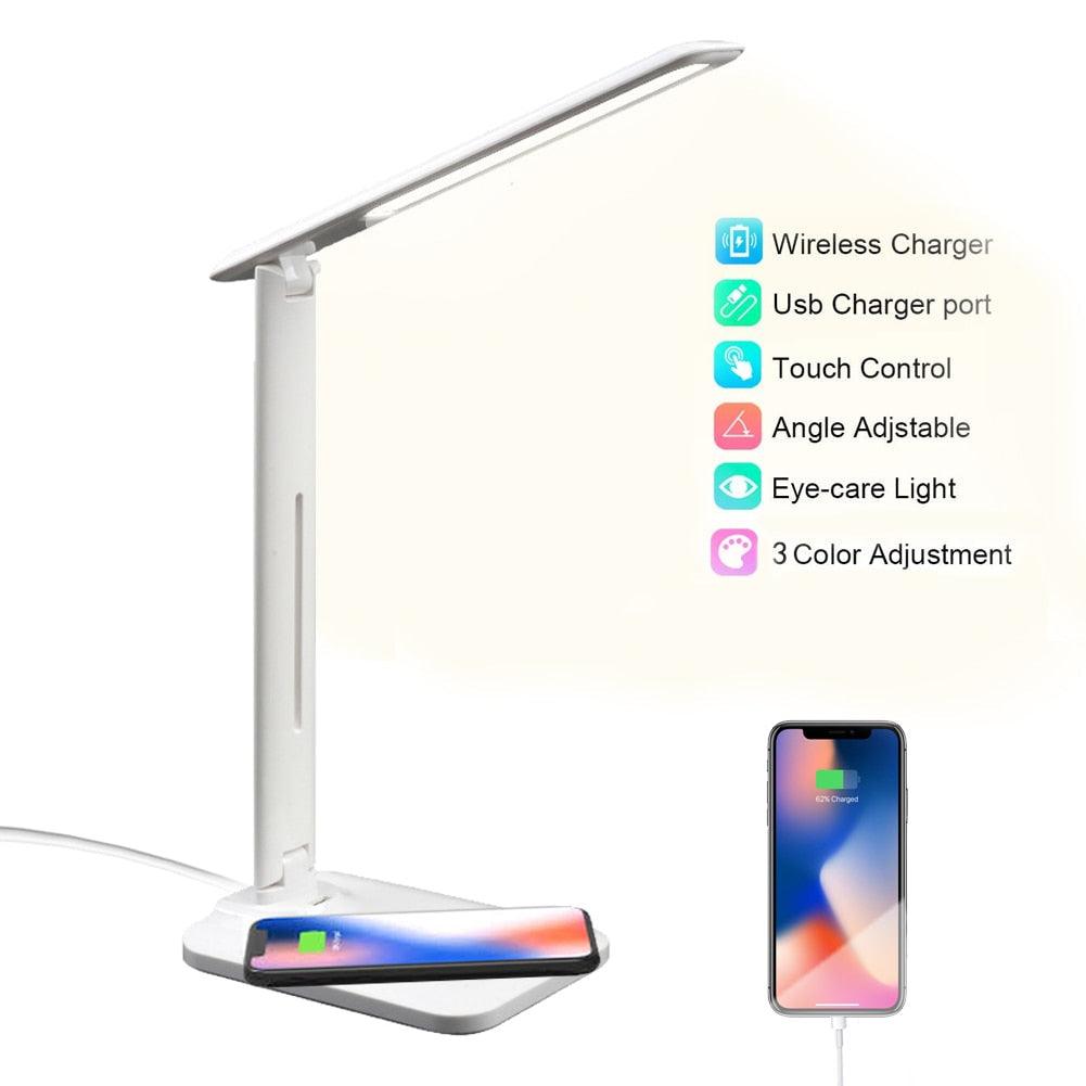 White foldable LED desk lamp with built-in wireless charger and USB port
