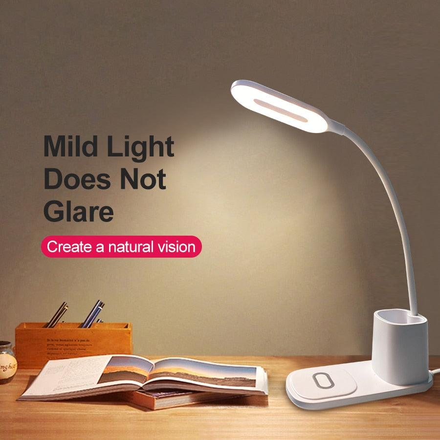 Modern minimalist desk lamp with 10W wireless charging base in black or white