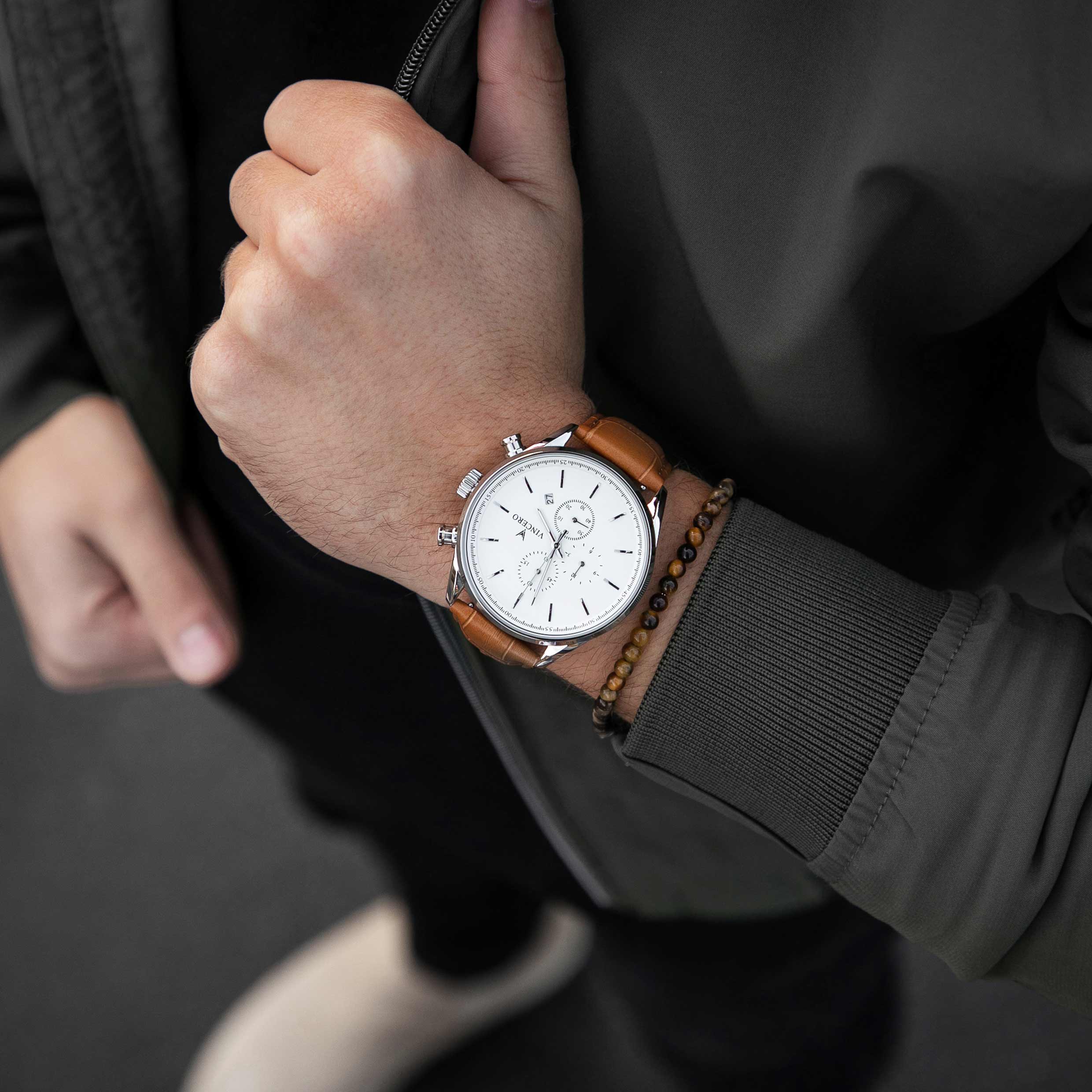 The Chrono S2 40mm Watch - Silver Case with Tan Leather Strap