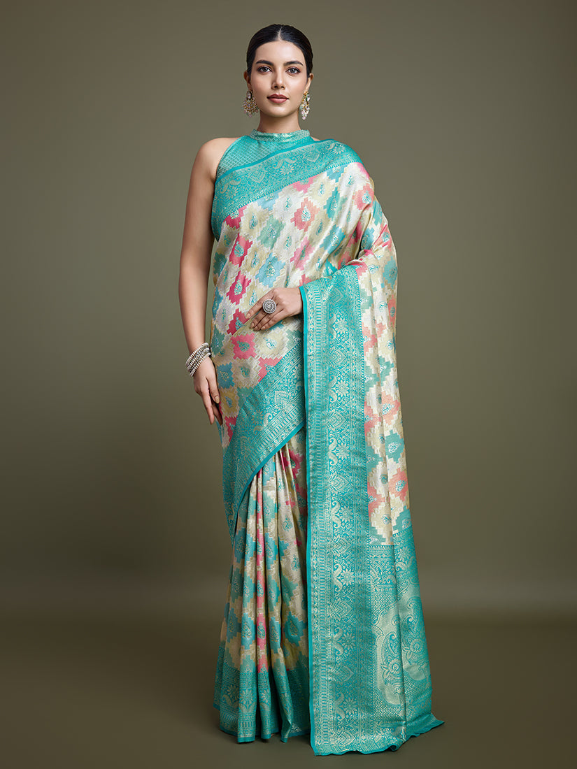 Turquoise and cream Banarasi silk saree with detailed zari weave