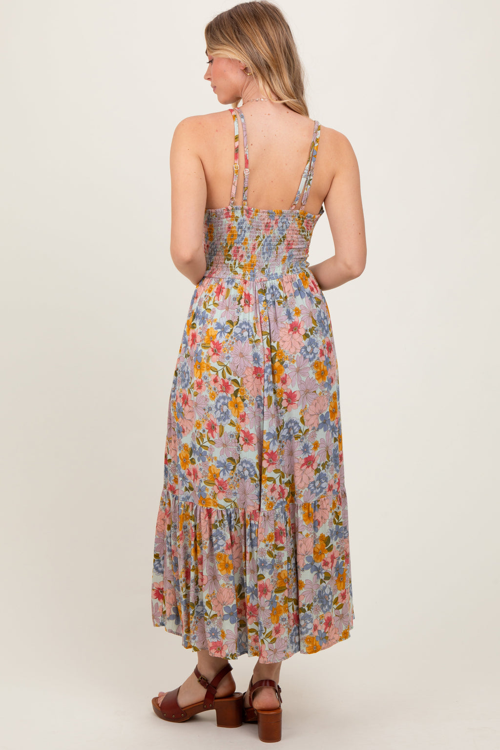 Muticolor Floral Double Strap Lace Trim Midi Dress