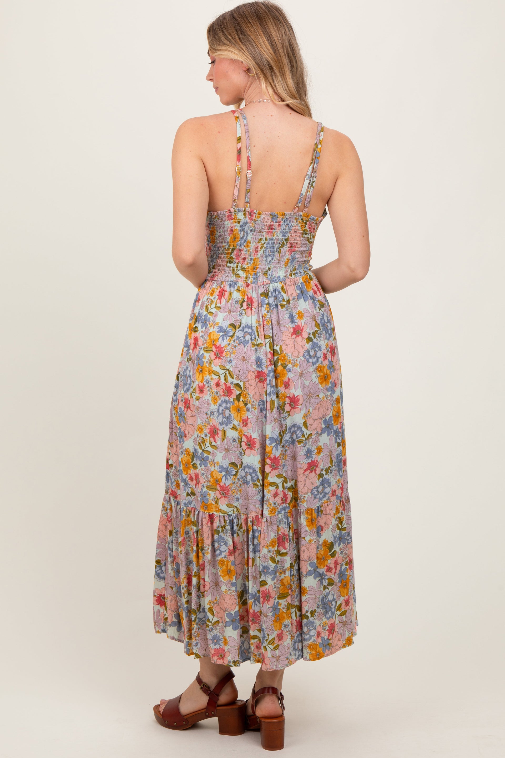 Muticolor Floral Double Strap Lace Trim Midi Dress