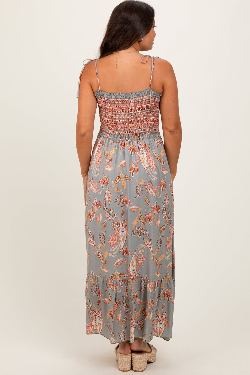 Olive Paisley Shoulder Tie Smocked Maternity Maxi Dress