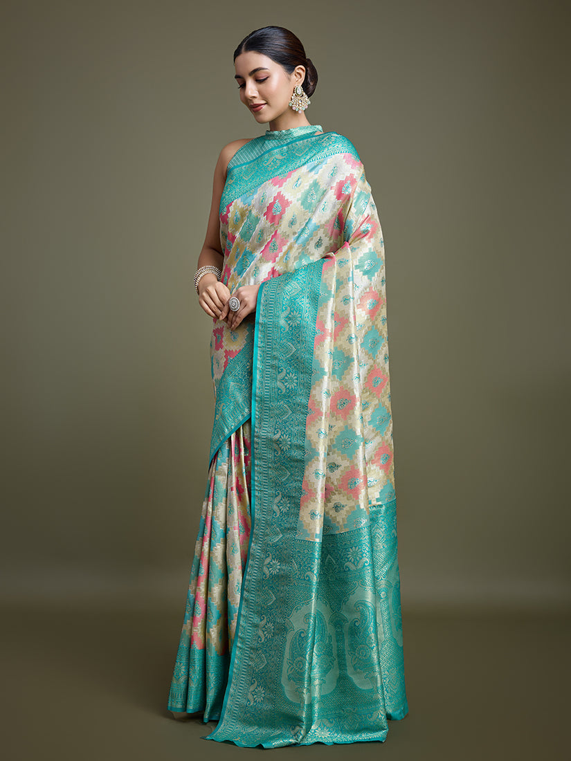 Turquoise and Cream Zari Woven Banarasi Silk Saree