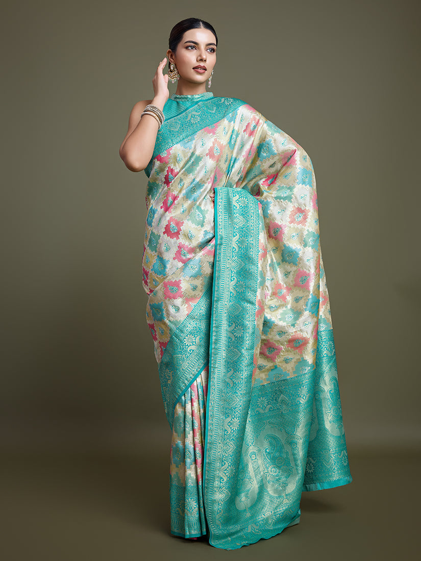 Turquoise and Cream Zari Woven Banarasi Silk Saree