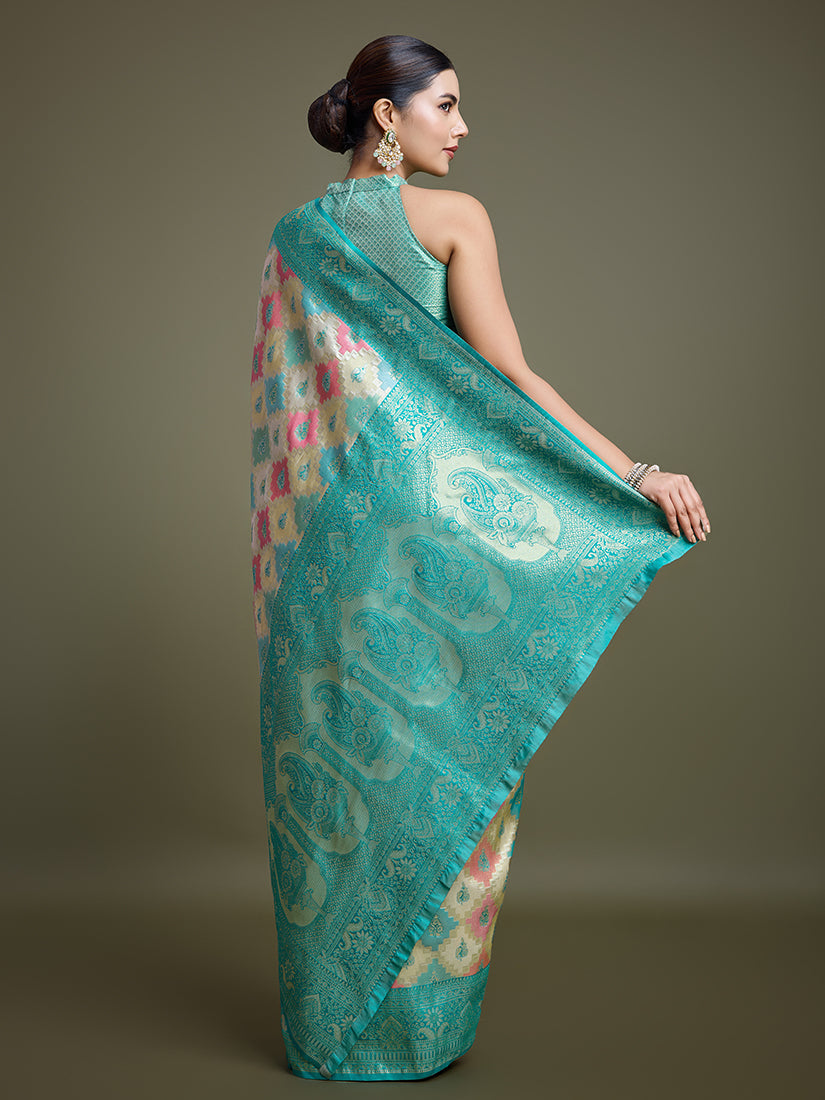 Turquoise and Cream Zari Woven Banarasi Silk Saree
