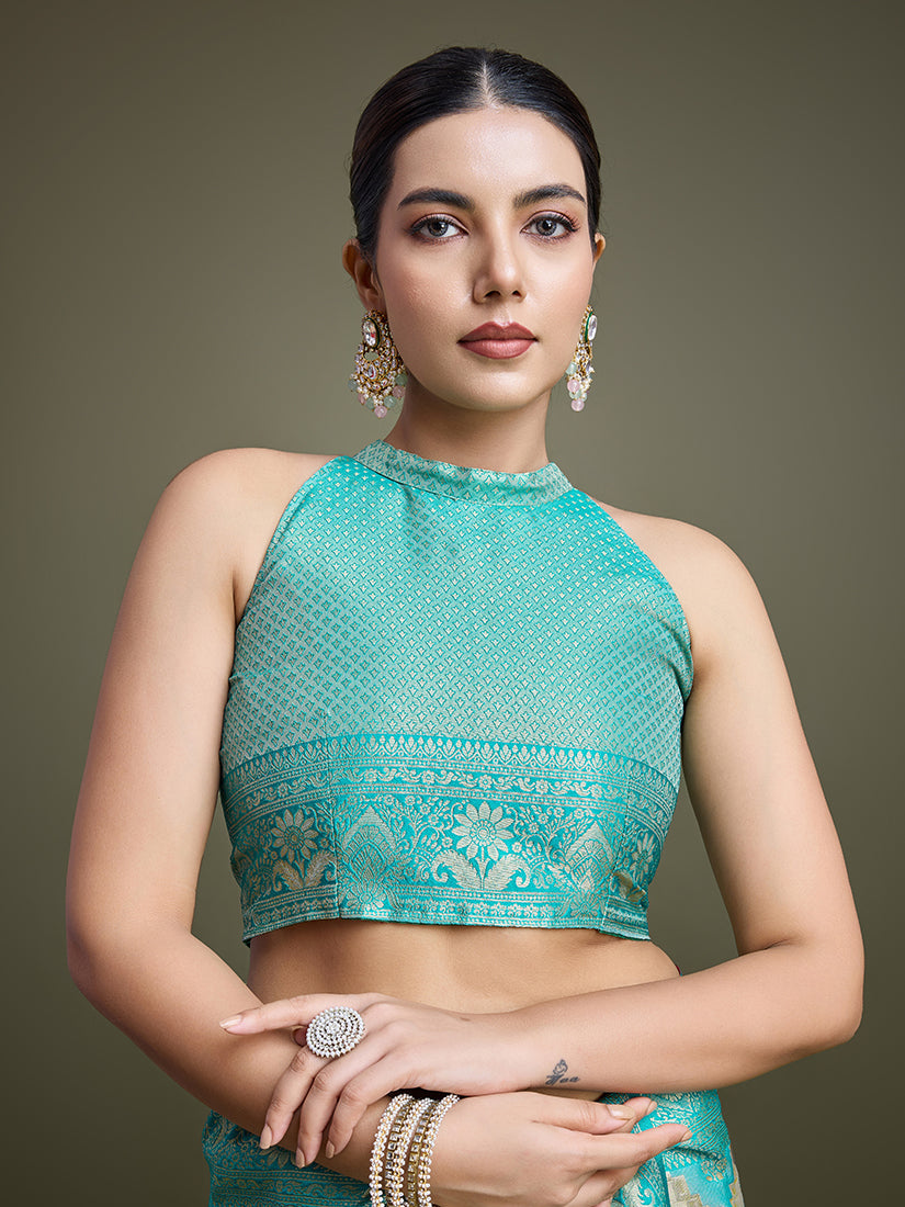 Turquoise and Cream Zari Woven Banarasi Silk Saree