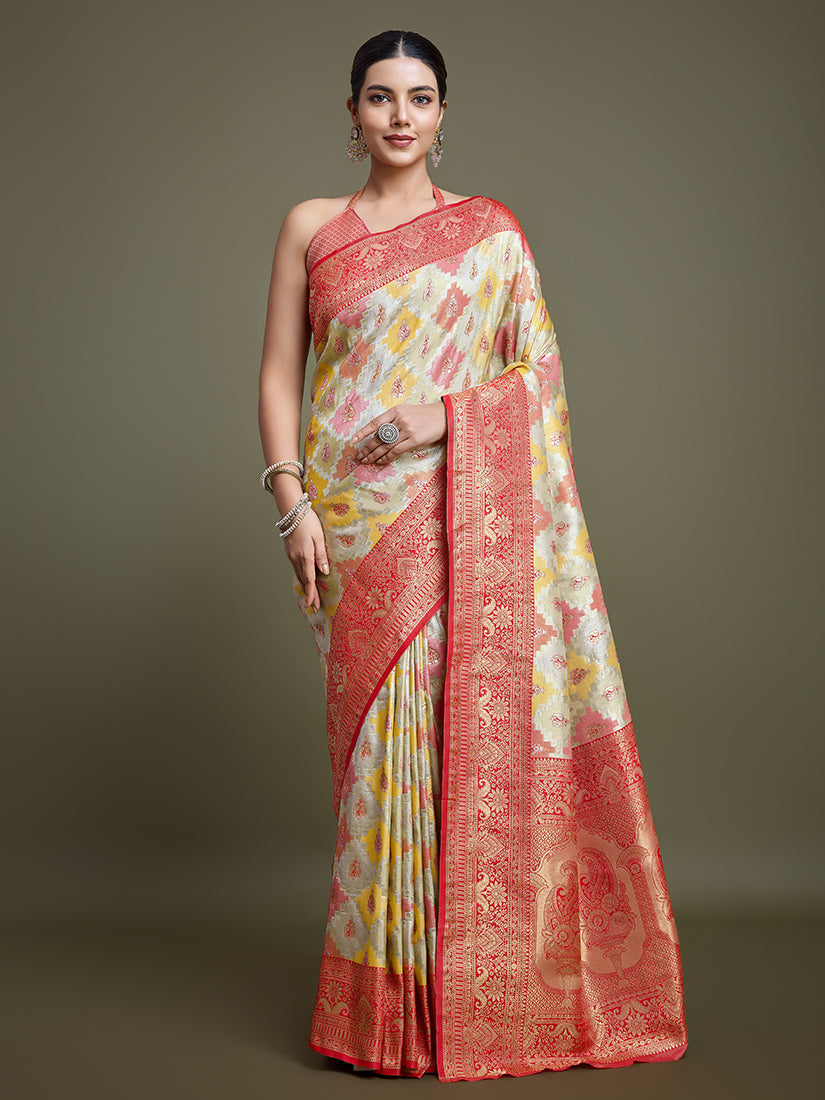 Red and cream dual-tone Banarasi silk saree with zari weaving
