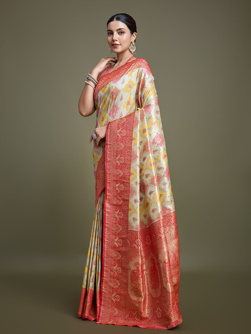 Red and Cream Zari Woven Banarasi Silk Saree