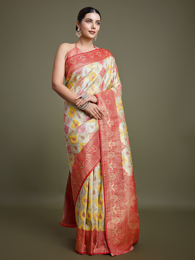 Red and Cream Zari Woven Banarasi Silk Saree