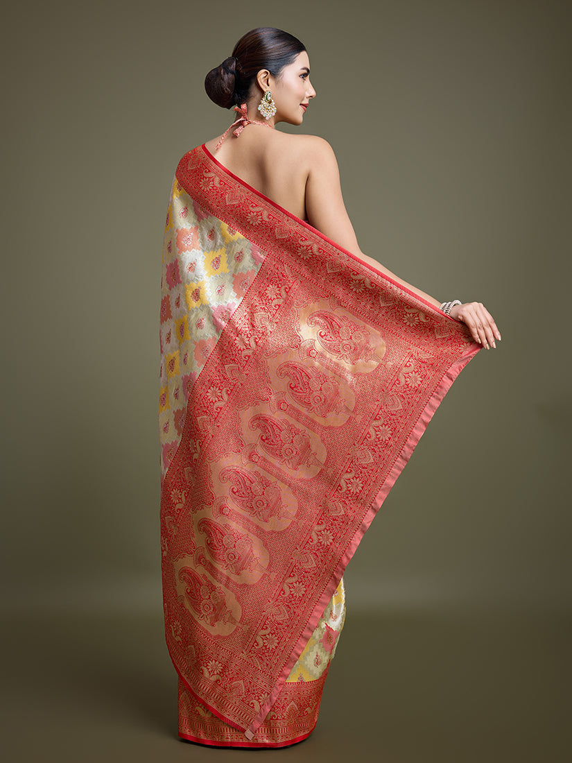 Red and Cream Zari Woven Banarasi Silk Saree