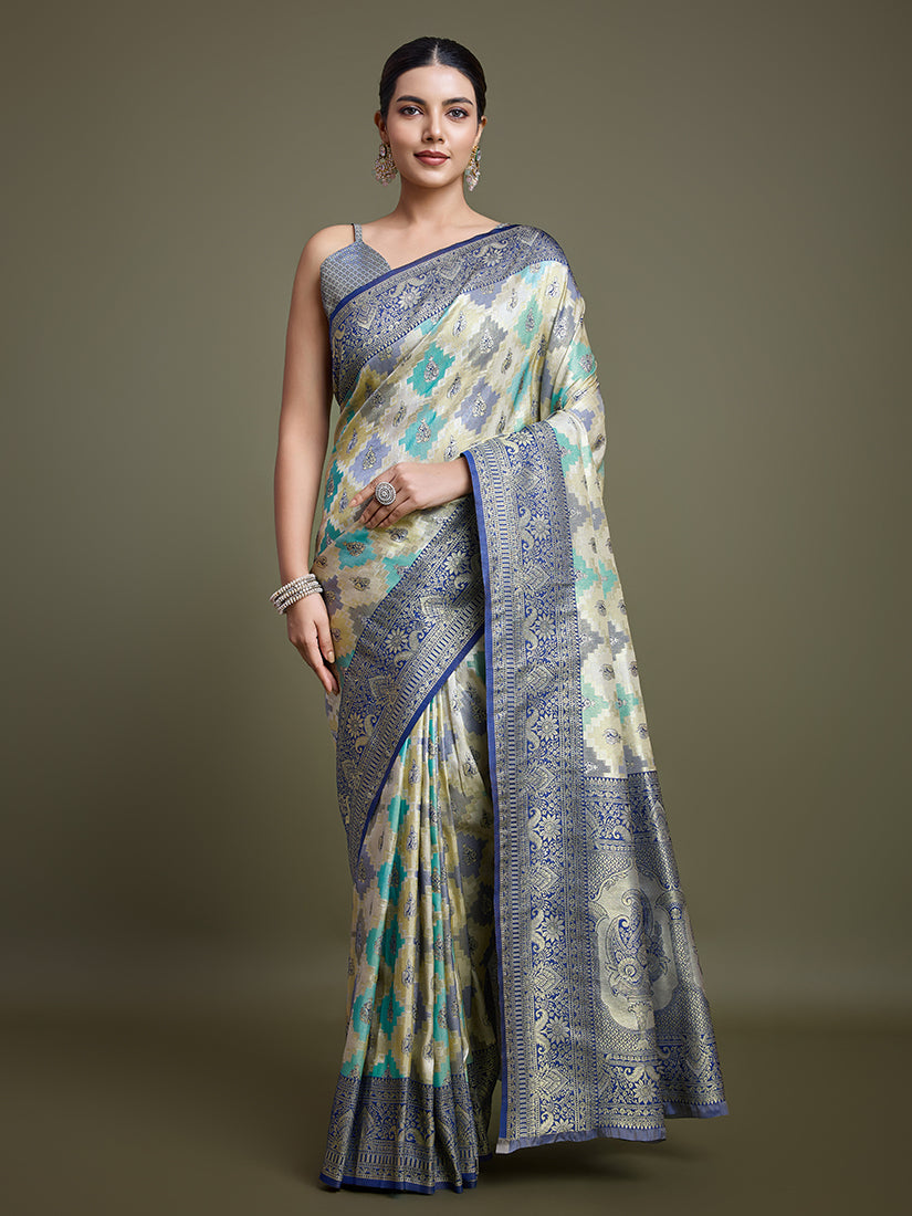 Navy blue and cream Banarasi silk saree featuring intricate zari woven patterns