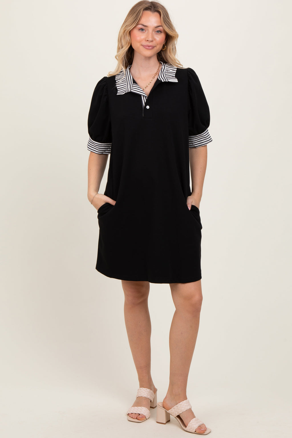Black Mock Neck Contrast Striped Trim Mini Dress