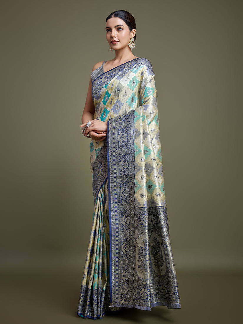 Navy Blue and Cream Zari Woven Banarasi Silk Saree